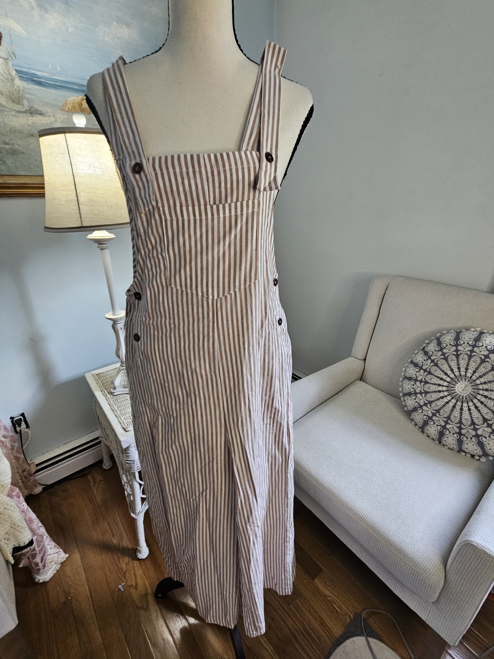 Striped Cream and Brown Suspender Overalls. P62